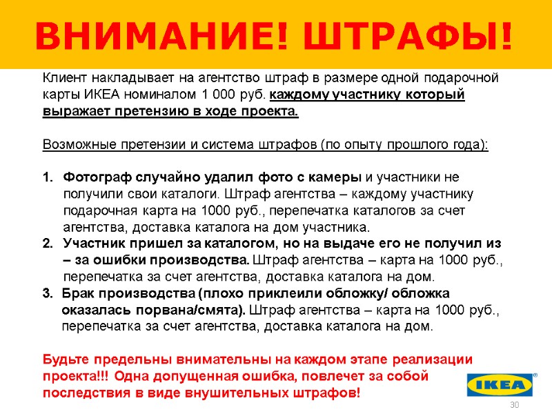 ВНИМАНИЕ! ШТРАФЫ! 30 Клиент накладывает на агентство штраф в размере одной подарочной карты ИКЕА